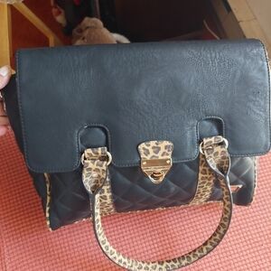 Joanel Quilted & Plain Black & Faux Leopard Trim Handbag (Large)
